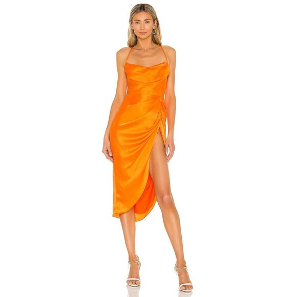 Amanda Uprichard Jasalina Dress Satin 100% Silk Ruched Side Slit Orange Size S - Picture 2 of 10